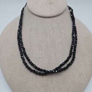 Vintage 1928 Faceted Black French Jet Beads Necklace Classic Double Strand 17"